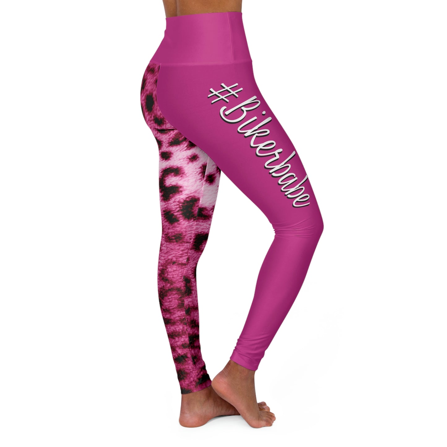Biker Babe1/2 Pink Leopard High Waisted Yoga Leggings (AOP)