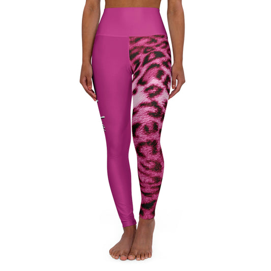 Biker Babe1/2 Pink Leopard High Waisted Yoga Leggings (AOP)